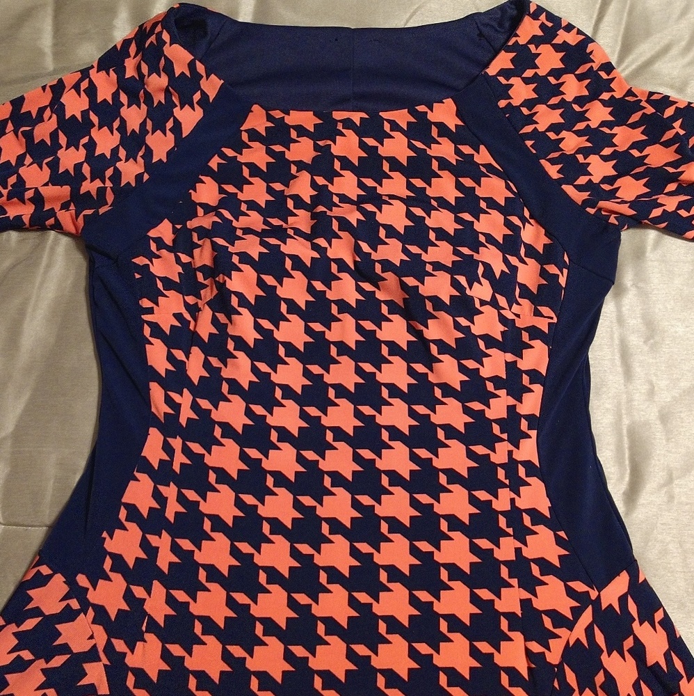 Navy Blue and Pink Houndstooth Dress
